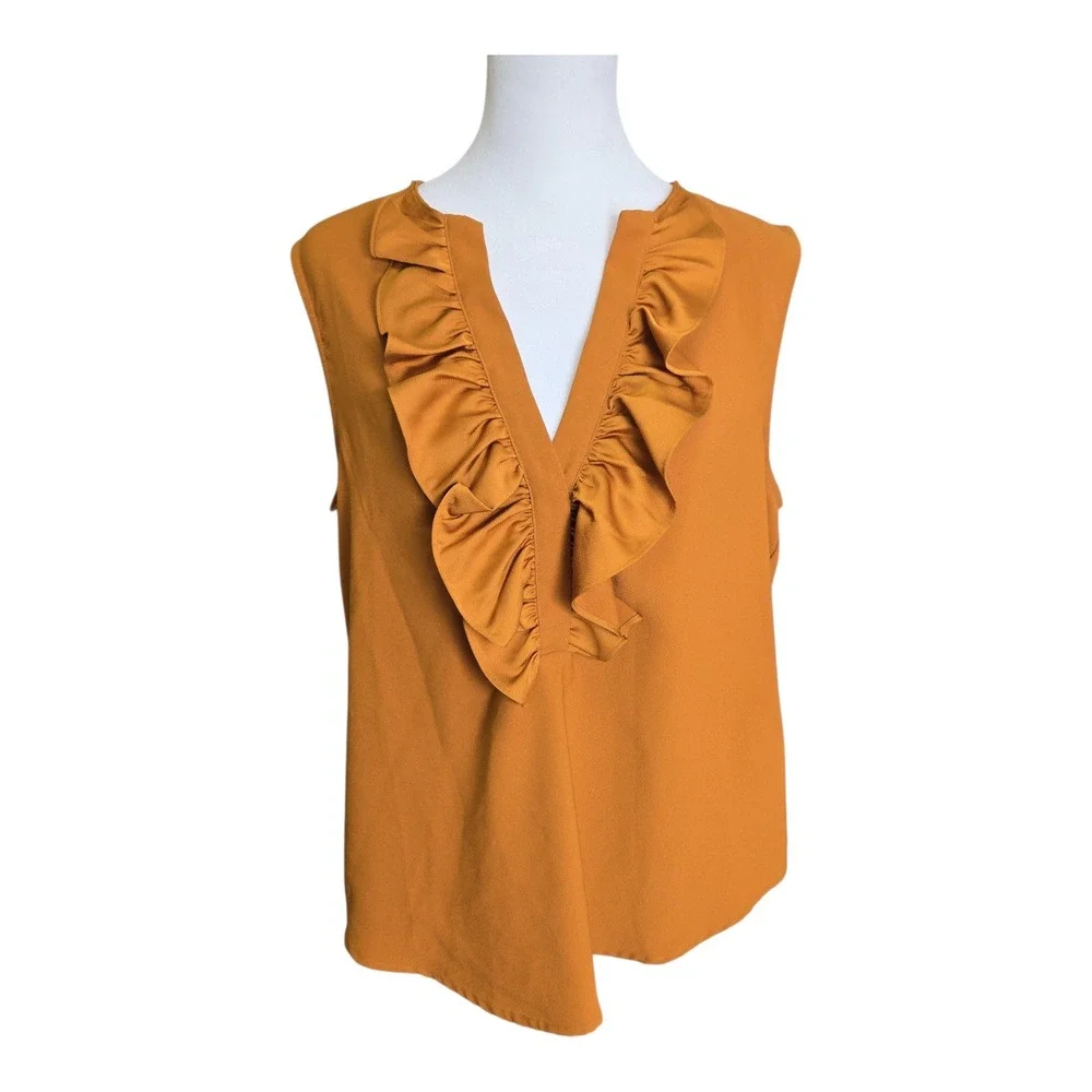J. Crew Sleeveless V Neck‎ Ruffle Top Women's Size M Caramel Chic Fun